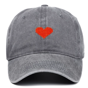 Vintage grey washed cotton baseball cap with red pixel heart embroidery and six-panel crown