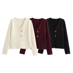Damen Strickjacke Mit V-Ausschnitt Langarm Einfarbig Mit Goldknöpfen Schickes Elegantes Oberteil