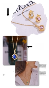 Detailed view of square zircon necklace and earrings set shown on model display