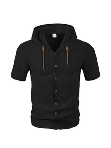Close-up of black cotton short sleeve hoodie shirt showing button closure and texture