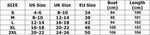 Detailed size chart for V-neck sheath dress showing US, UK, and EU size measurements