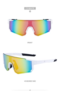Front and 45-degree side views of white cycling sunglasses with rainbow tinted lenses