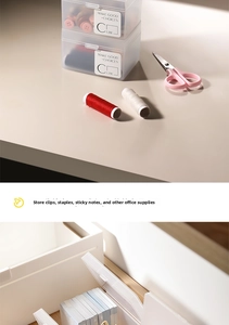 Frosted transparent plastic organizers for clips and stationery in drawer storage