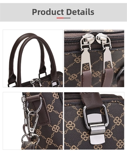 Detail shots showing silver zipper, metal buckle, and brown monogram pattern on handbag