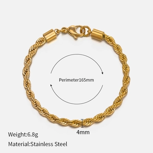 Detailed specs showing the 165mm length and 4mm width of this gold twisted chain bracelet