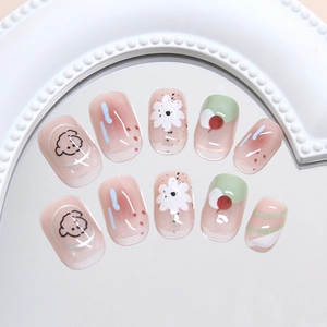 Cute floral puppy doodle press-on nails set with hand-painted bear and daisy patterns