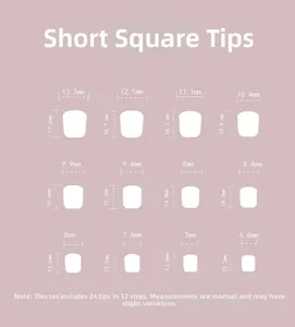 Detailed size chart for short square press-on nails with 12 various dimensions