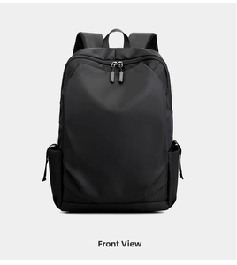 Front view of black waterproof oxford fabric backpack with smooth zippers and side pockets