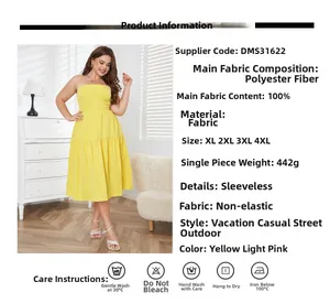 Detailed chart showing size XL-4XL for the yellow tiered sleeveless maxi summer dress
