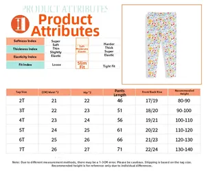 Detailed size chart for girls' floral leggings showing length, waist, and stretch fabric data