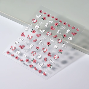 5D embossed nail art stickers featuring 3D white cartoon cats and pink cherry blossoms