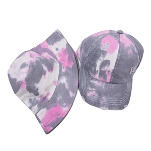 Tie-dye bucket hat and distressed baseball cap set in pink and grey colors