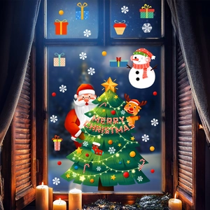 Detailed Christmas window stickers showing Santa Claus, snowman, and reindeer on glass