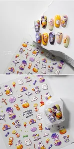 Detailed 3D embossed Halloween nail stickers featuring pumpkins, ghosts, and cats