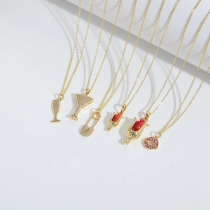 Golden cocktail glass and red bead pendants with cubic zirconia for women necklaces