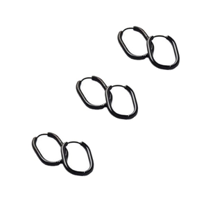 Three pairs of minimalist black oval hoop earrings in 18K gold plated stainless steel metal