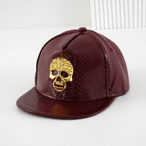 Burgundy PU leather baseball cap with gold 3D skull and rhinestone streetwear details