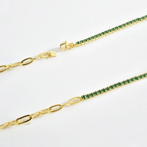 S925 sterling silver chunky paperclip chain necklace with green zircon accents