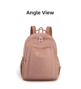 Front view of a dusty pink nylon backpack with multi-pocket design and logo detail