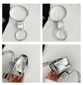 Detailed views of a mini silver reflective PU leather thigh bag with metallic finish