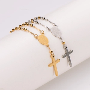 304 Stainless Steel Rosary Bracelet With Virgin Mary Medal And Cross Pendant Religious Adjustable Jewelry Gold Tone