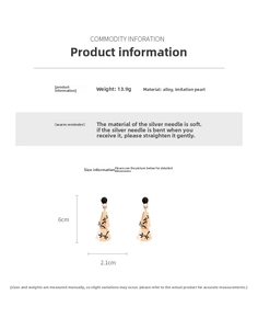 Detailed size chart of silver needle pearl tassel earrings with branch pattern and specs