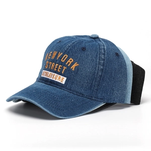 Stacked denim baseball caps in navy, light blue and black with New York embroidery