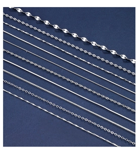 Close-up of various 925 sterling silver chain styles including snake and box link patterns