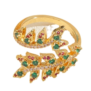 Luxurious gold double-layered leaf open ring with red and green marquise zircon stones