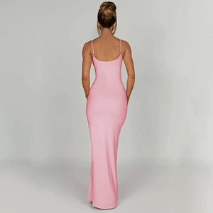 Pink slim fit backless maxi dress for women featuring sleek halter neck and stretchy fabric