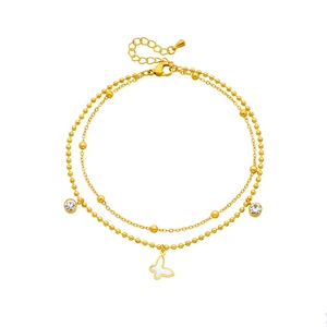 Double-layered gold chain anklet with butterfly pendant and sparkling rhinestones
