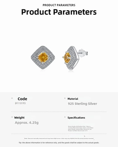 Close-up of S925 sterling silver earrings featuring a 5mm square yellow ice-cut zircon