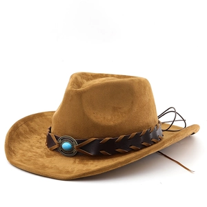 Brown faux suede western cowboy hat with ethnic braided leather band and turquoise stone