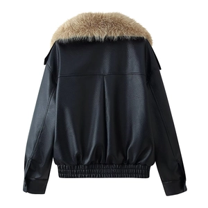 Rear view of black leather jacket with light brown fur collar and elastic hem details