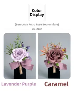 Detail of taro purple and caramel artificial roses with ribbon and twine decor