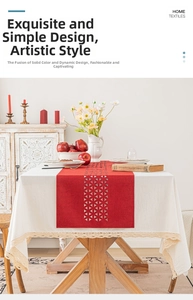 Detail showing red laser-cut hollow table runner with triangular pattern on white lace cloth