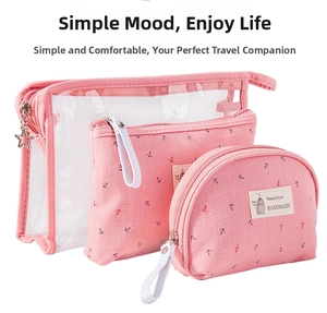 3-piece travel cosmetic set with pink anchor patterns and clear PVC waterproof wash bag