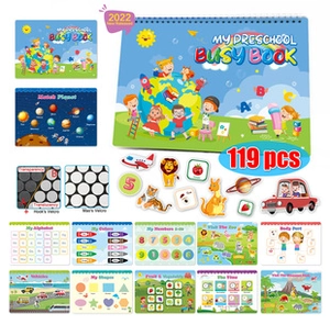 Detailed view of Busy Book showing various teaching themes and 119 Velcro stickers