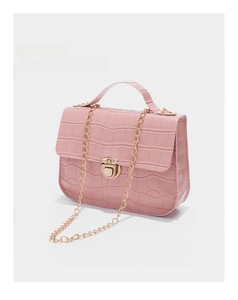 Detailed close-up of pink crocodile pattern texture with golden metal lock and chain strap