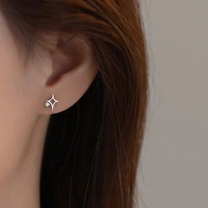 Minimalist S925 sterling silver North Star stud earrings with sparkling cubic zirconia