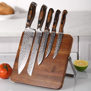 Magnetic solid wood knife holder with five hammered steel blades and ergonomic handles