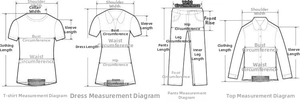 Detailed size guide chart showing measurement points for T-shirts, dresses, pants, and shirts