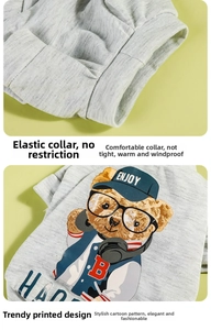 Detail of grey dog hoodie featuring elastic rib neckline and cute cartoon bear print
