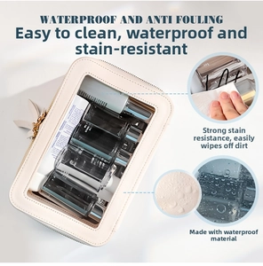 Detail of waterproof cream PU leather and transparent PVC wash bag with easy clean surface