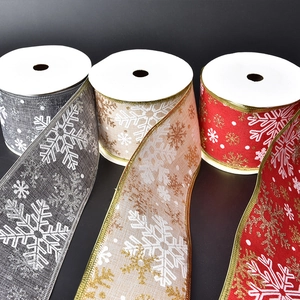 9m Christmas sheer ribbon rolls with snowflake patterns in gold, silver, and red colors