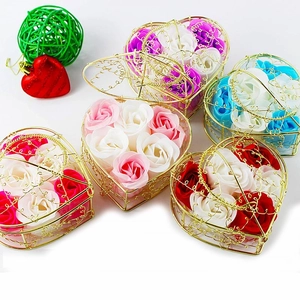Rose Soap Flower In Heart Shaped Metal Wire Basket Scented Artificial Rose For Valentine Mothers Day Wedding Party Gift