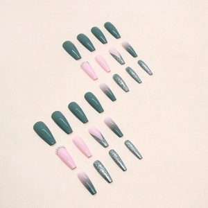24pcs Matcha green and silver glitter coffin press-on nails with rhinestone accents