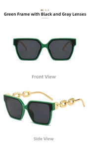 Detail view of large square green sunglasses featuring gold chain-link metal temples
