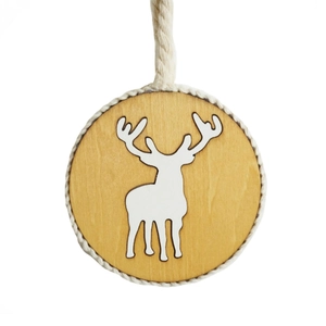 Rustic round wooden Christmas ornament with white reindeer silhouette and hemp rope detail