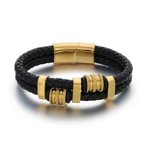 Bracelet pour hommes en cuir noir tressé double couche avec fermoir magnétique doré poli